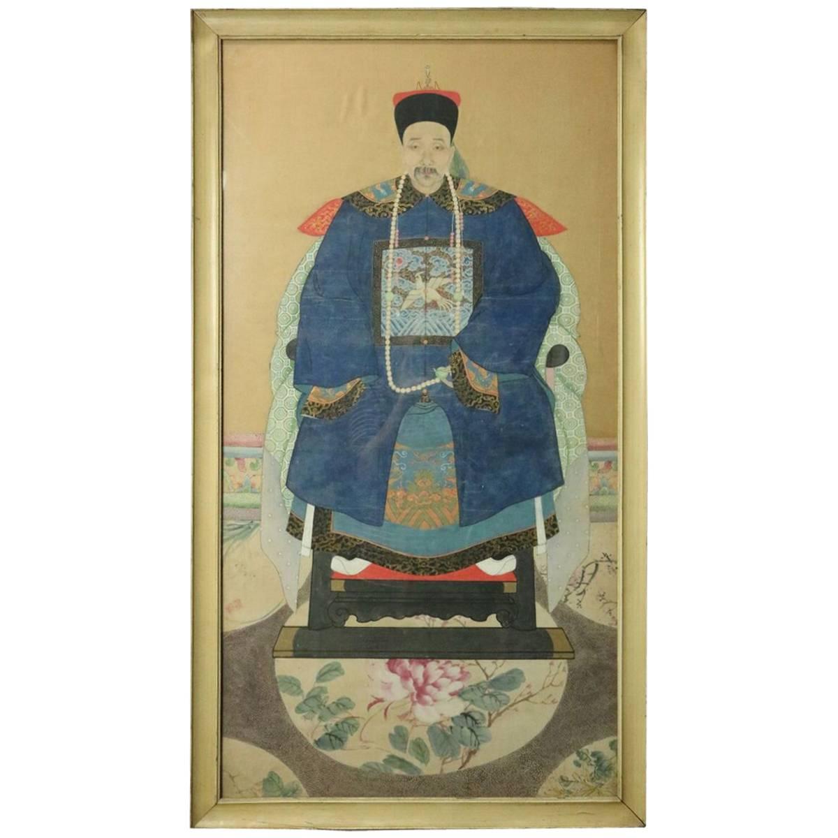 Antique Chinese Ancestral Painting, Large & Finely Painted in Color, circa 1890