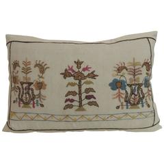 19th Century Turkish Embroidered Linen and Silk Lumbar Decorative Pillow 1
