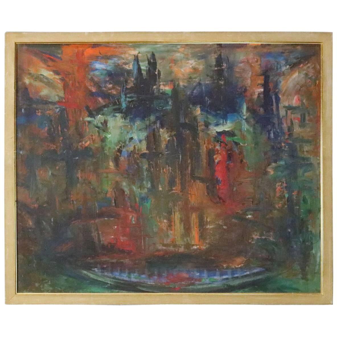 Mid-Century Modern Abstract Expressionism Skyline Scene O/C Painting, circa 1960