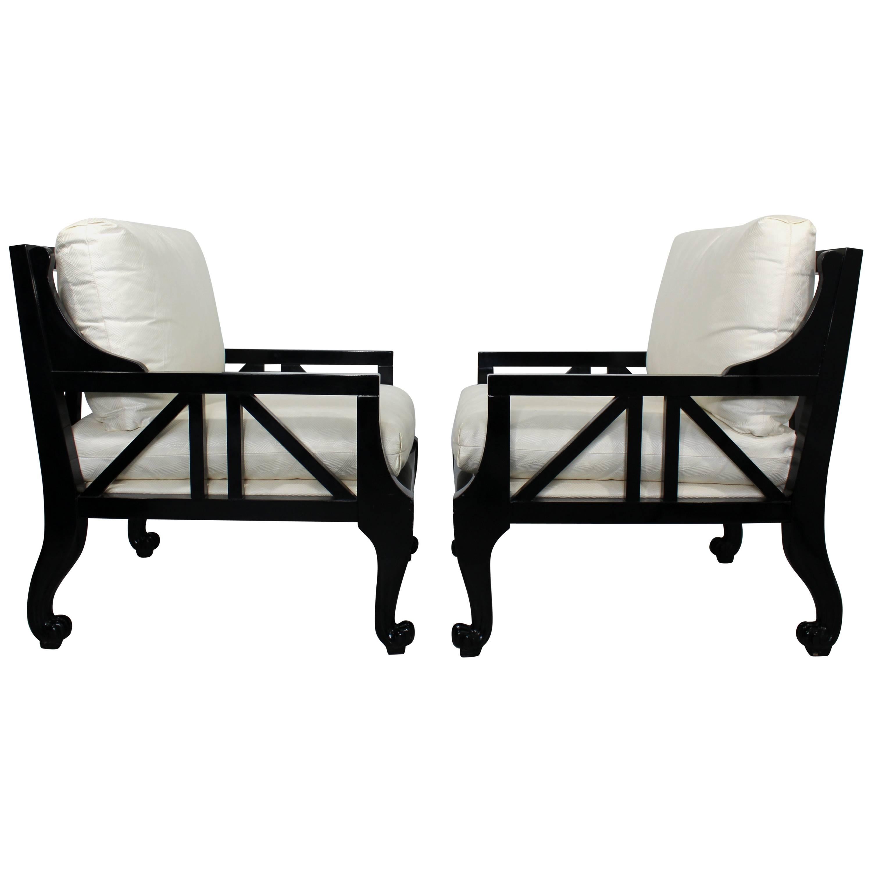Mid-Century Modern Pair Style of Barbara Barry for Baker Black Lacquer Armchairs