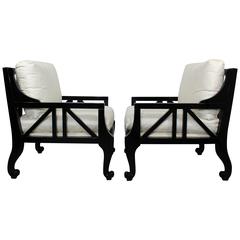 Mid-Century Modern Pair Style of Barbara Barry for Baker Black Lacquer Armchairs