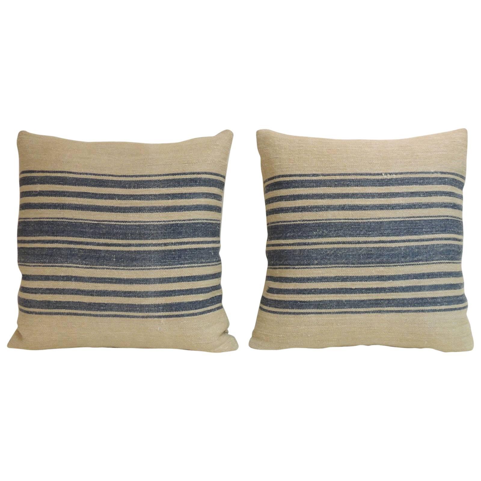 Pair of 19th Century French Blue Stripes Decorative Pillows