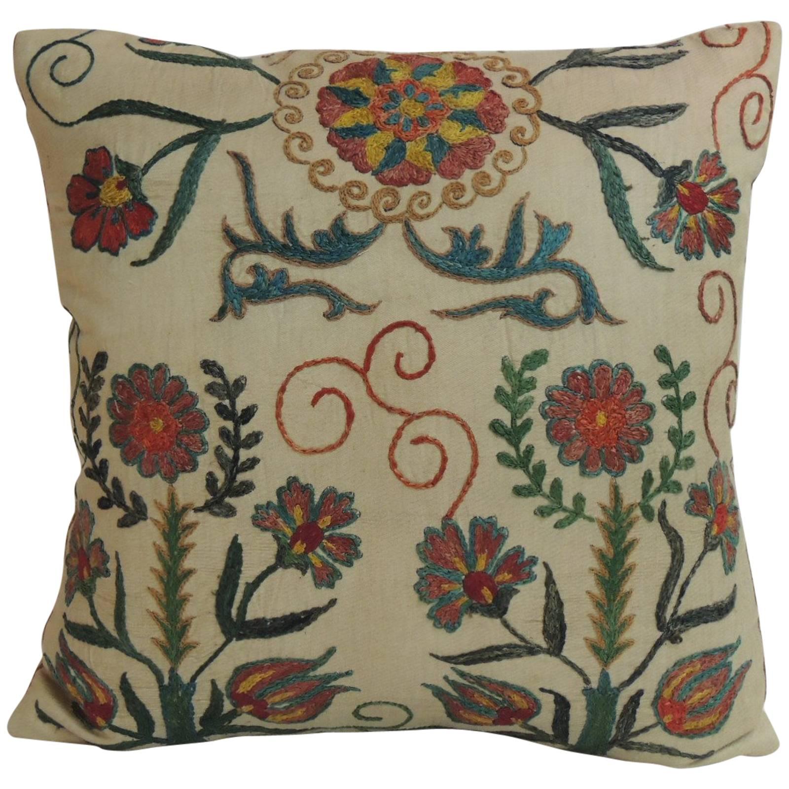 Vintage Floral Suzani Embroidery Silk Decorative Pillow at 1stDibs