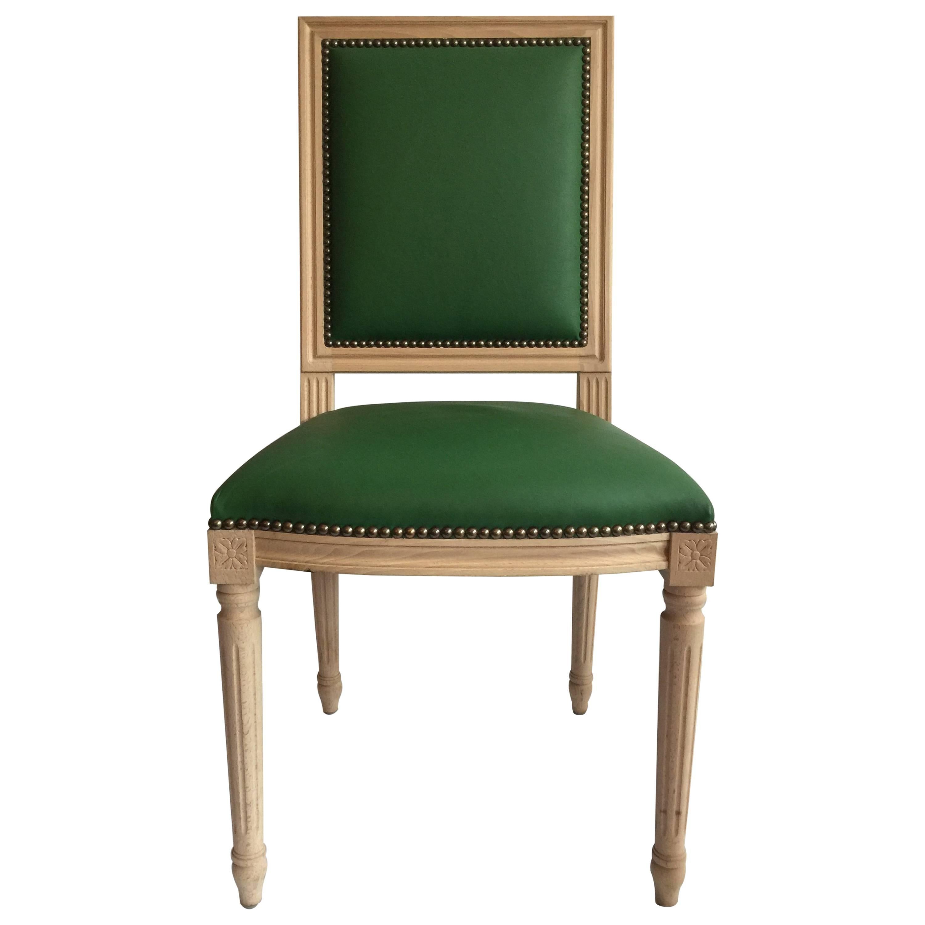 Louis XVI Style Dining or Side Chair in Green Leather For Sale