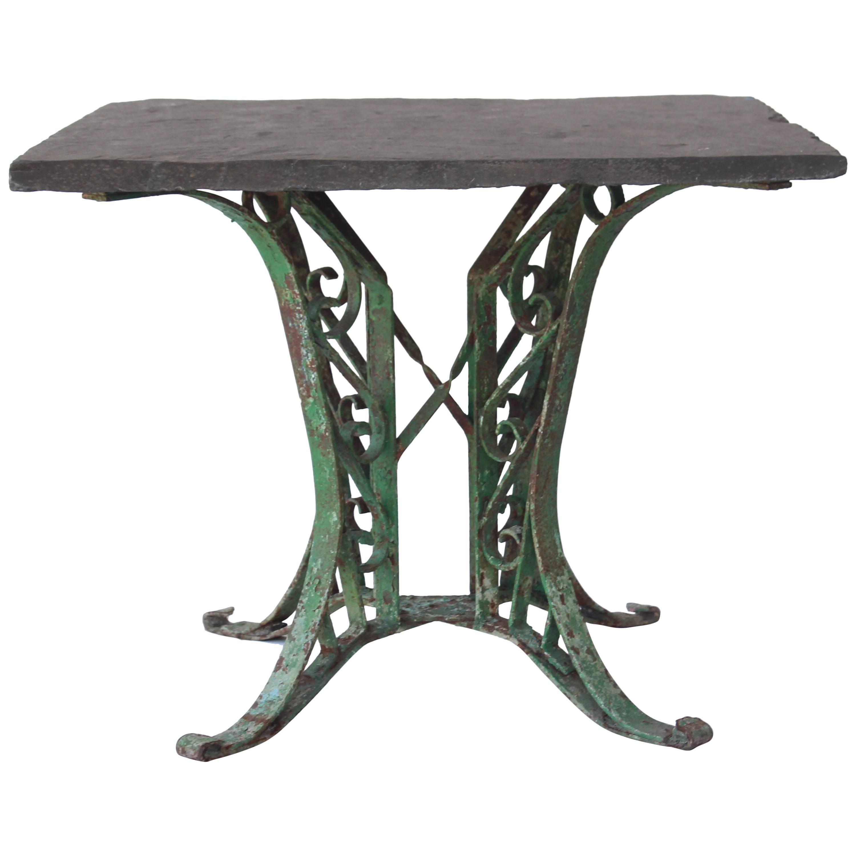1920s French Slate Table with Painted Green Base
