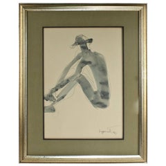 Seated Male Nude with Hat, an Ink and Watercolor Drawing by Janet Lippincott