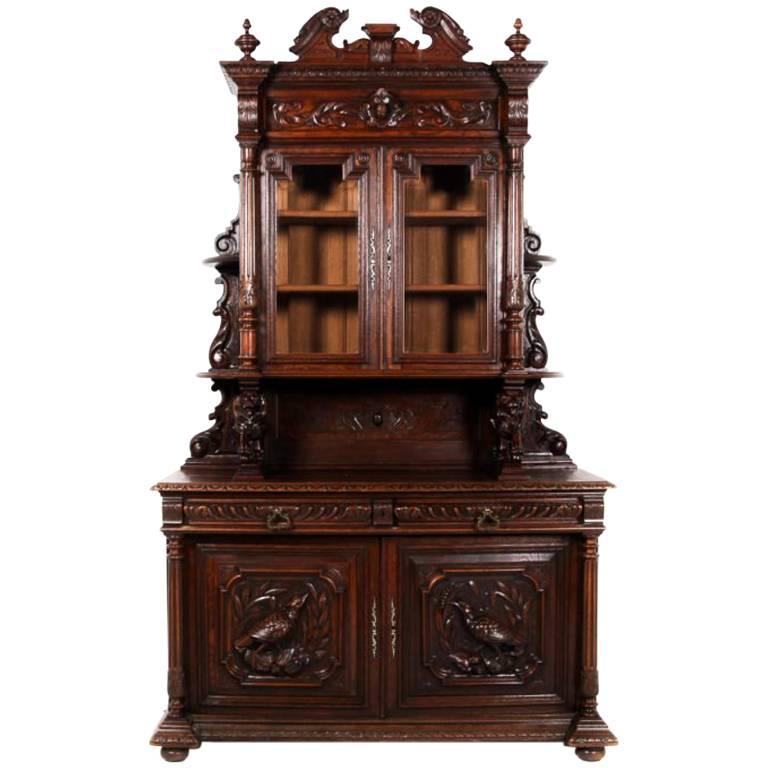 Antique French Oak Hand-Carved Hunter’s Cabinet, 19th Century
