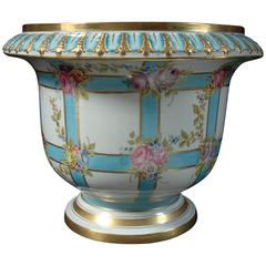 Antique Sevres Large Jardinière with Blue Bandings and Pink Flowers