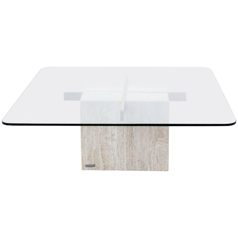 1970s Artedi Italian Travertine Base Glass Top Coffee Table