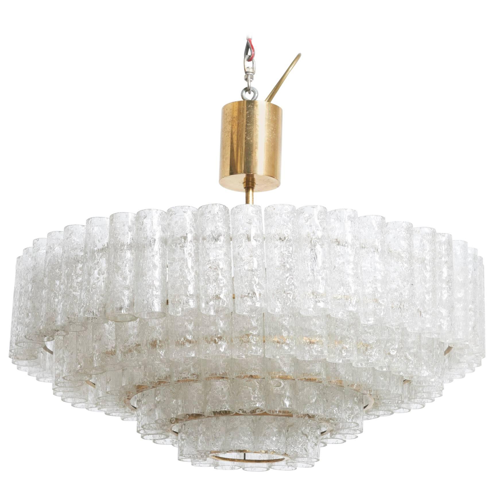Large Five Tiers Ice Granulated Glass Tube Chandelier Designed by Doria, Germany