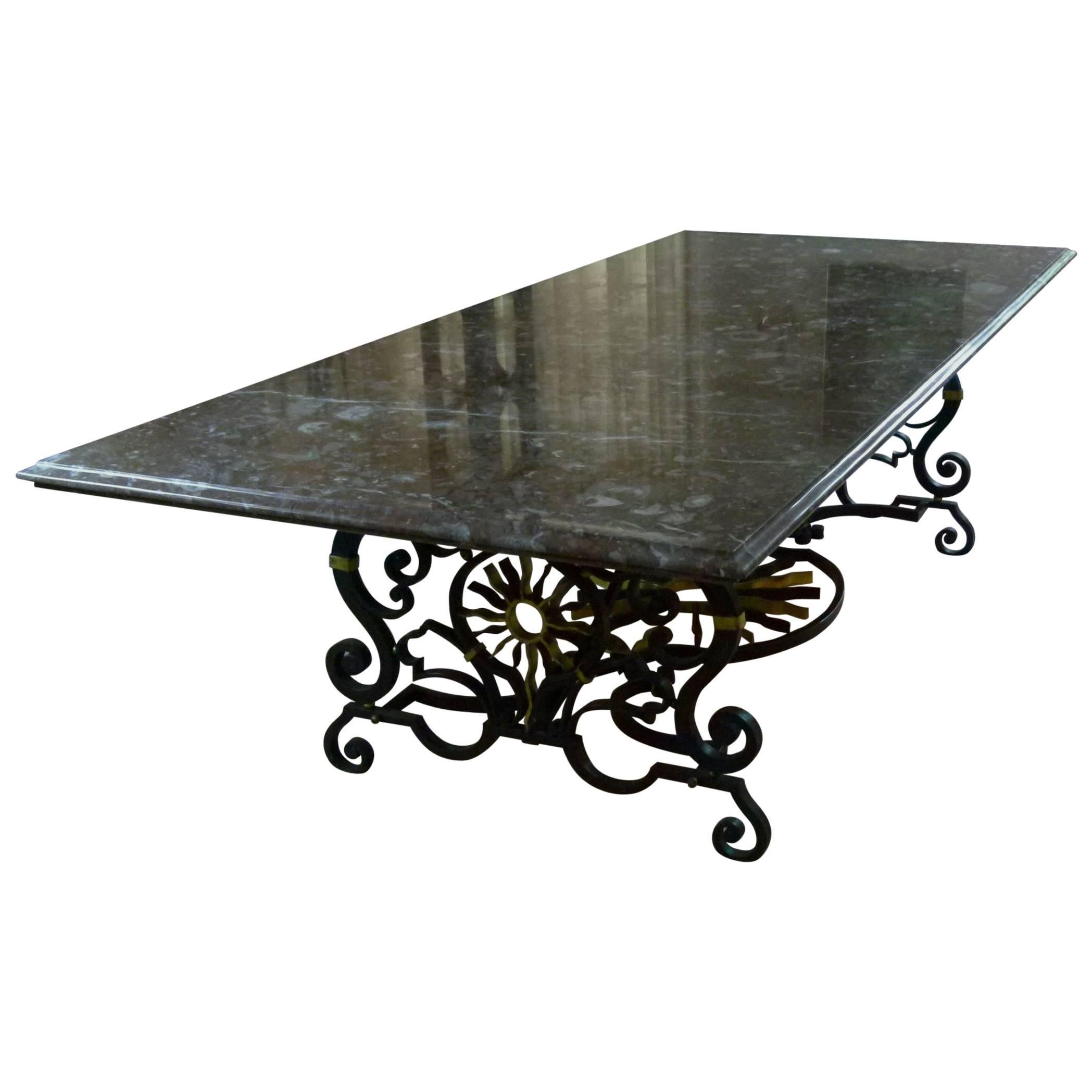 1940s Table in Marble and Wrought Iron with Sun Pattern by Gilbert Poillerat