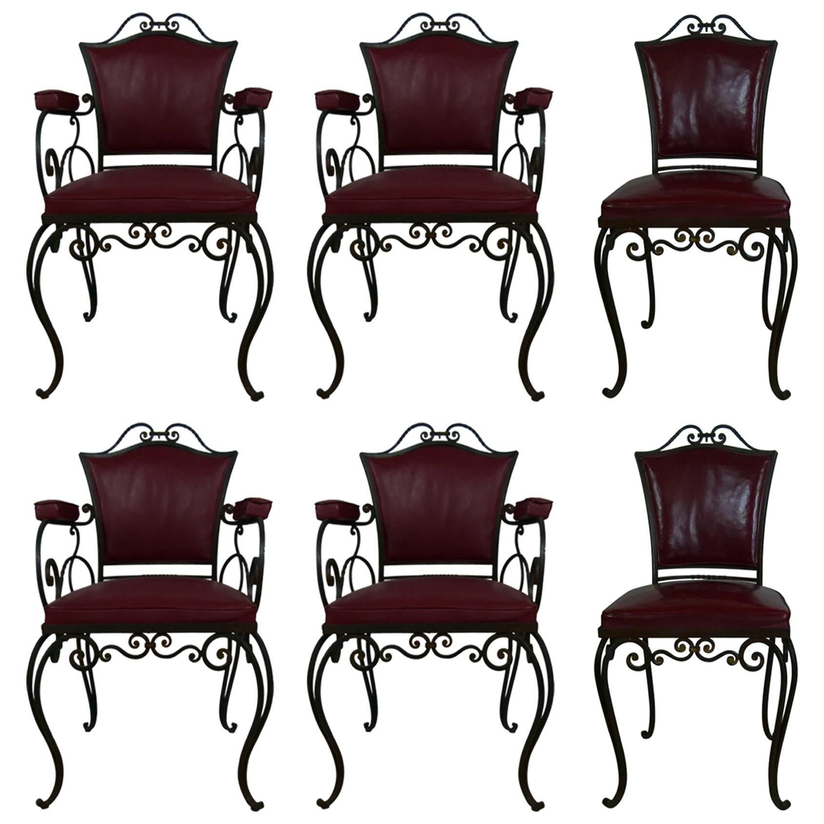 Series of Four Armchairs and Two Wrought Iron Chairs by JC Moreaux