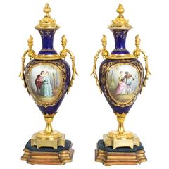 Antique Pair Ormolu-Mounted Blue Sevres Style Vases C1880