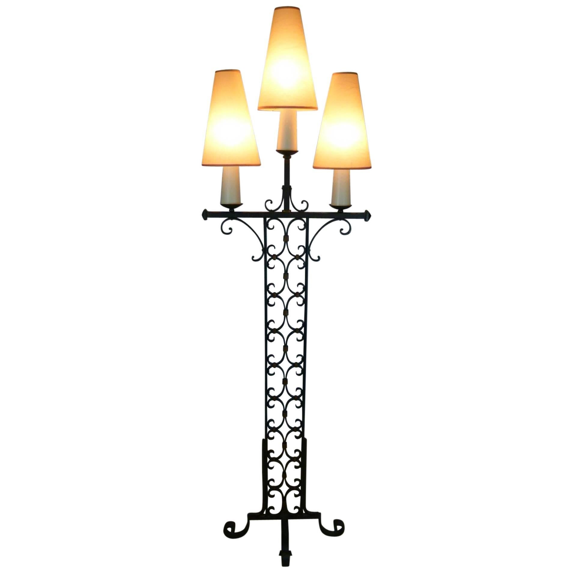 1940s Three Lights Wrought Iron Floor Lamp