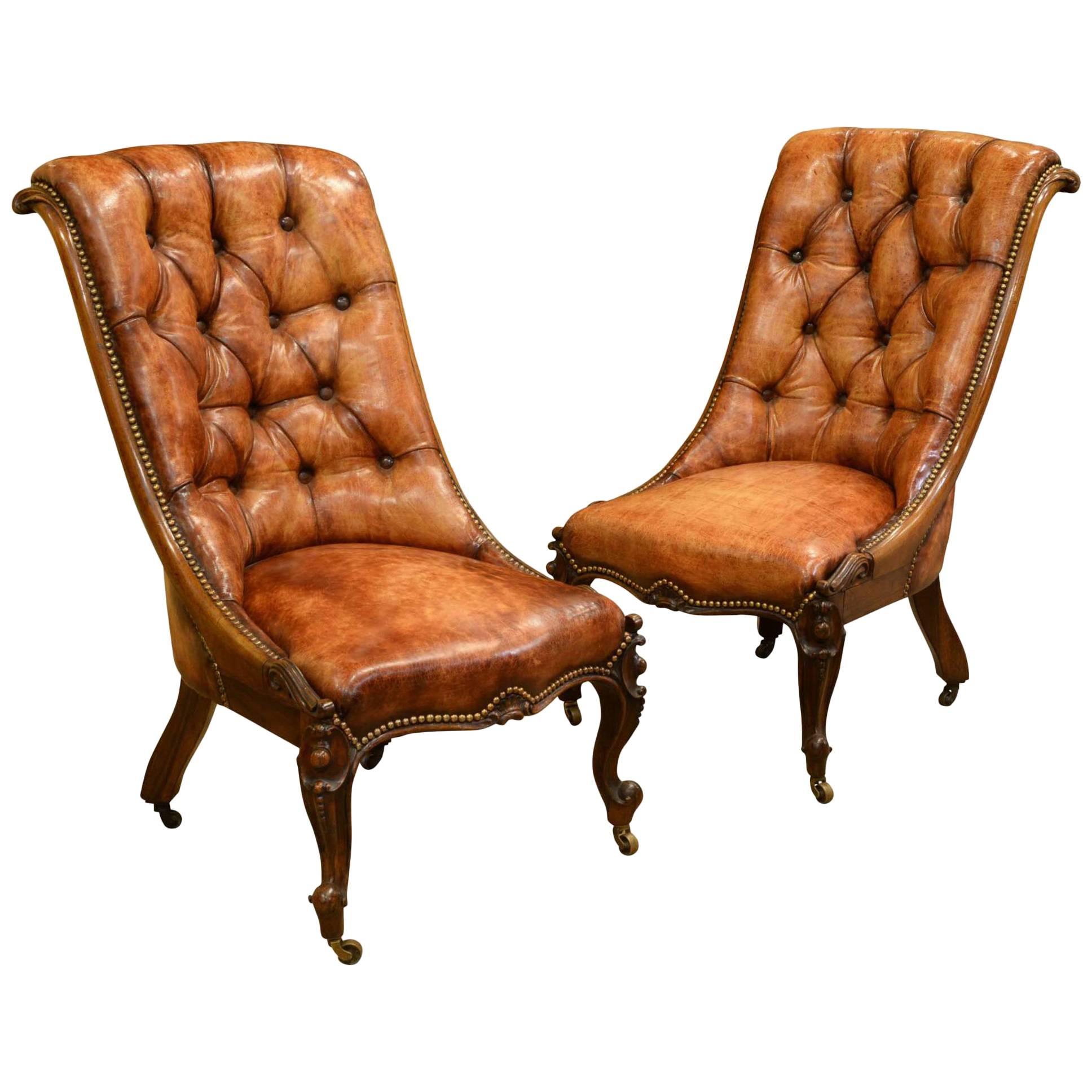 Pair of 19th Century Leather Rosewood Chairs For Sale