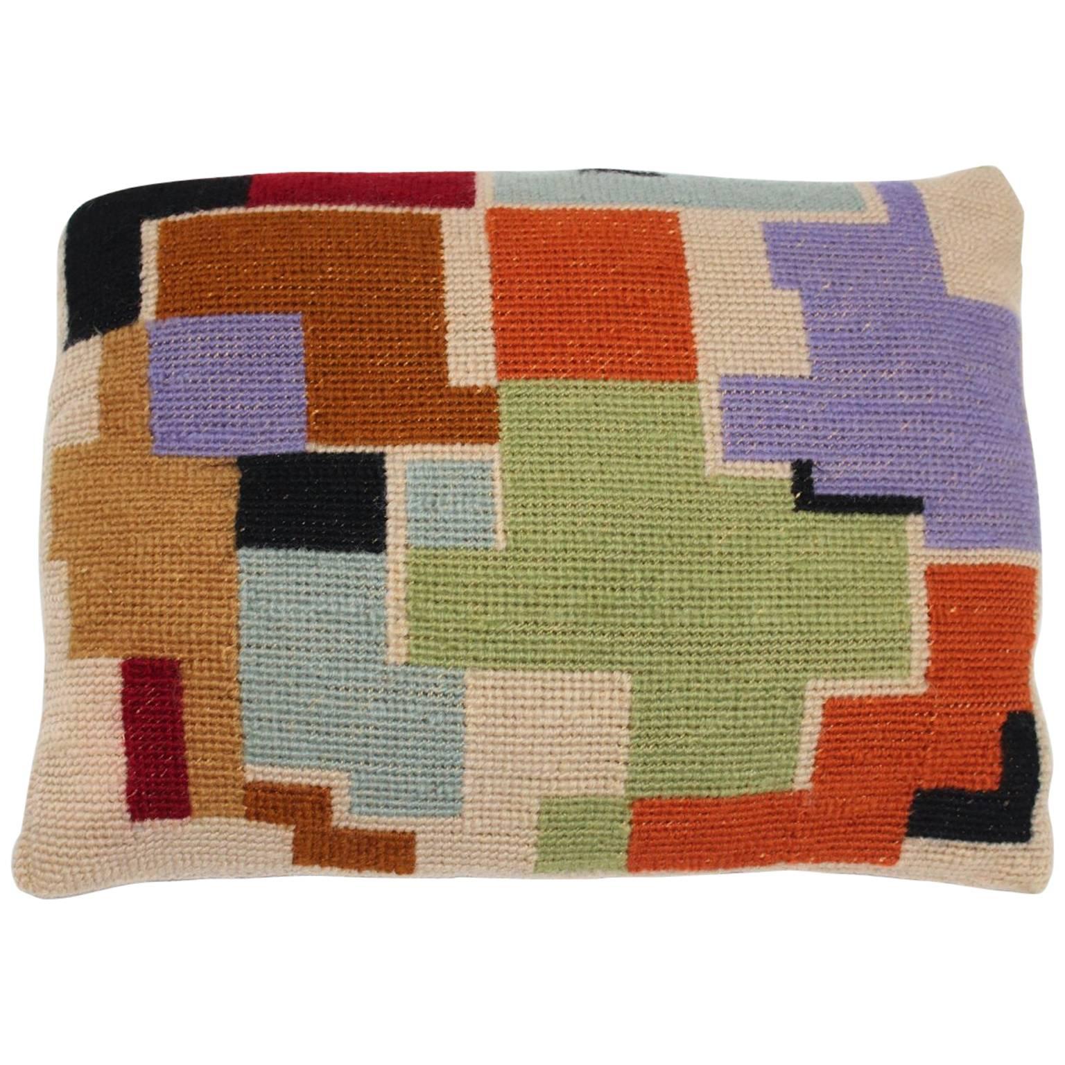 Bauhaus Style Hand Embroidery Wool Pillow with Geometric Design, 1920s For Sale