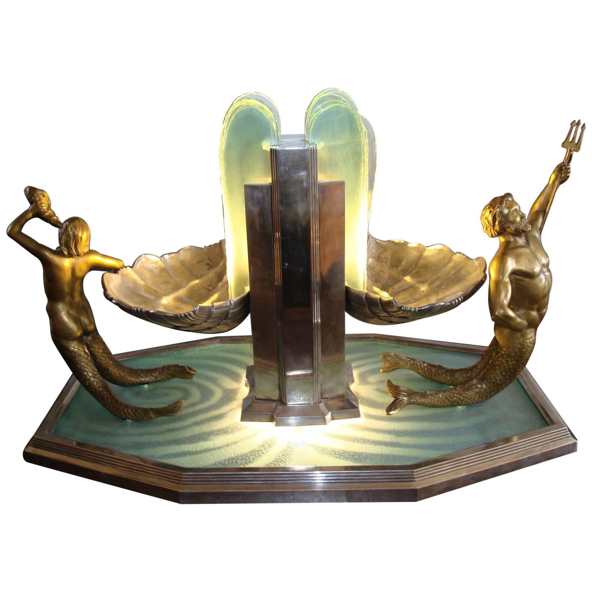 Art Deco Centrepiece with Light Representing a Water Fountain Signed R. Durquet For Sale