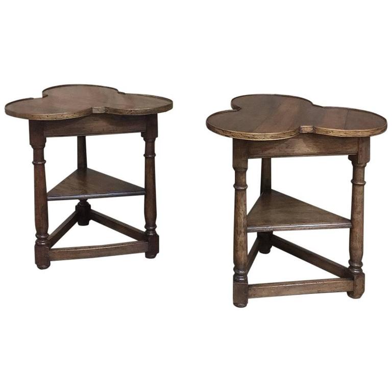 Pair of Antique Country French Clover Shape Walnut End Tables at