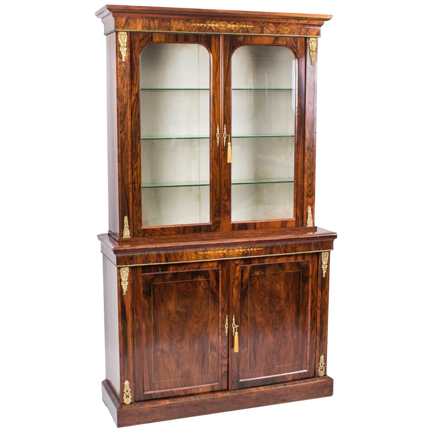 19th Century Burr Walnut and Inlaid Bookcase Display Cabinet