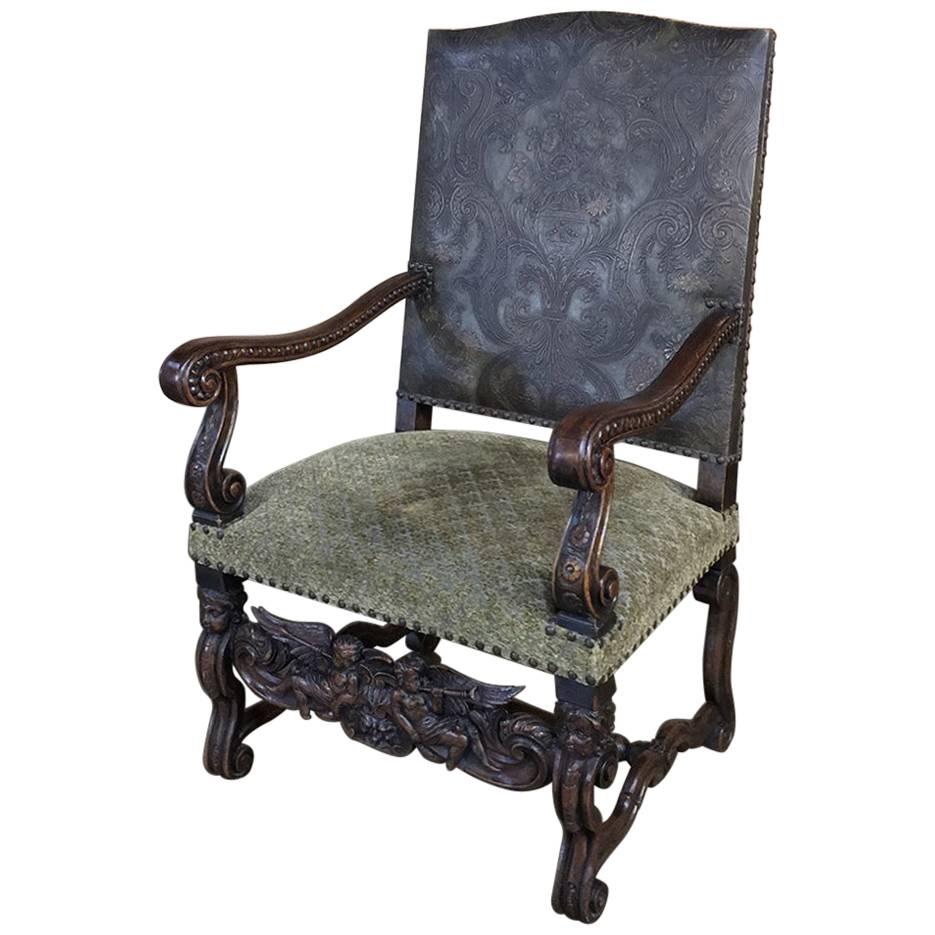 19th Century, French, Louis XIII Hand-Carved Walnut Angel Armchair