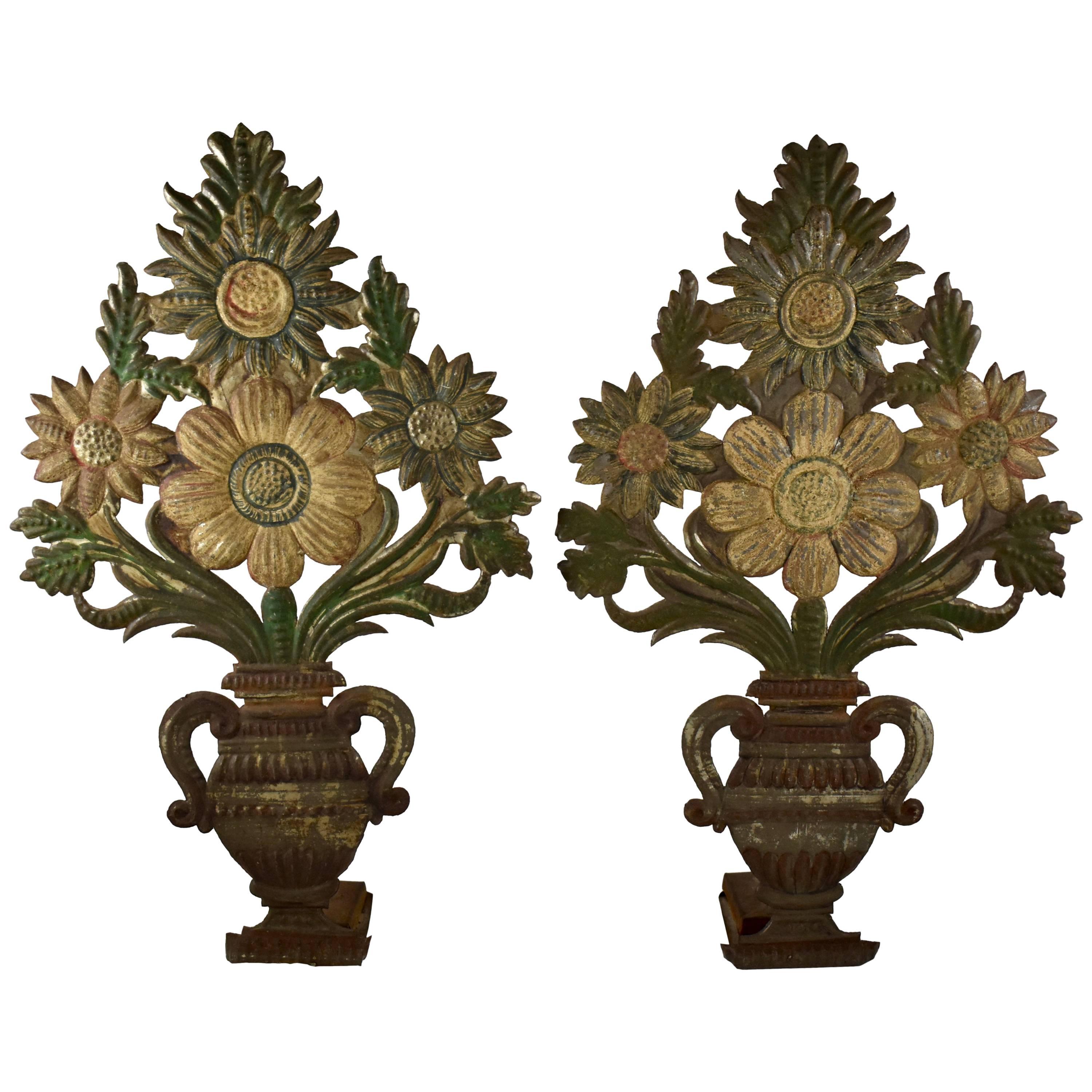 Early 19th Century Grisaille Tôle Peinte Garniture Floral Bouquets in Urns, S/2 