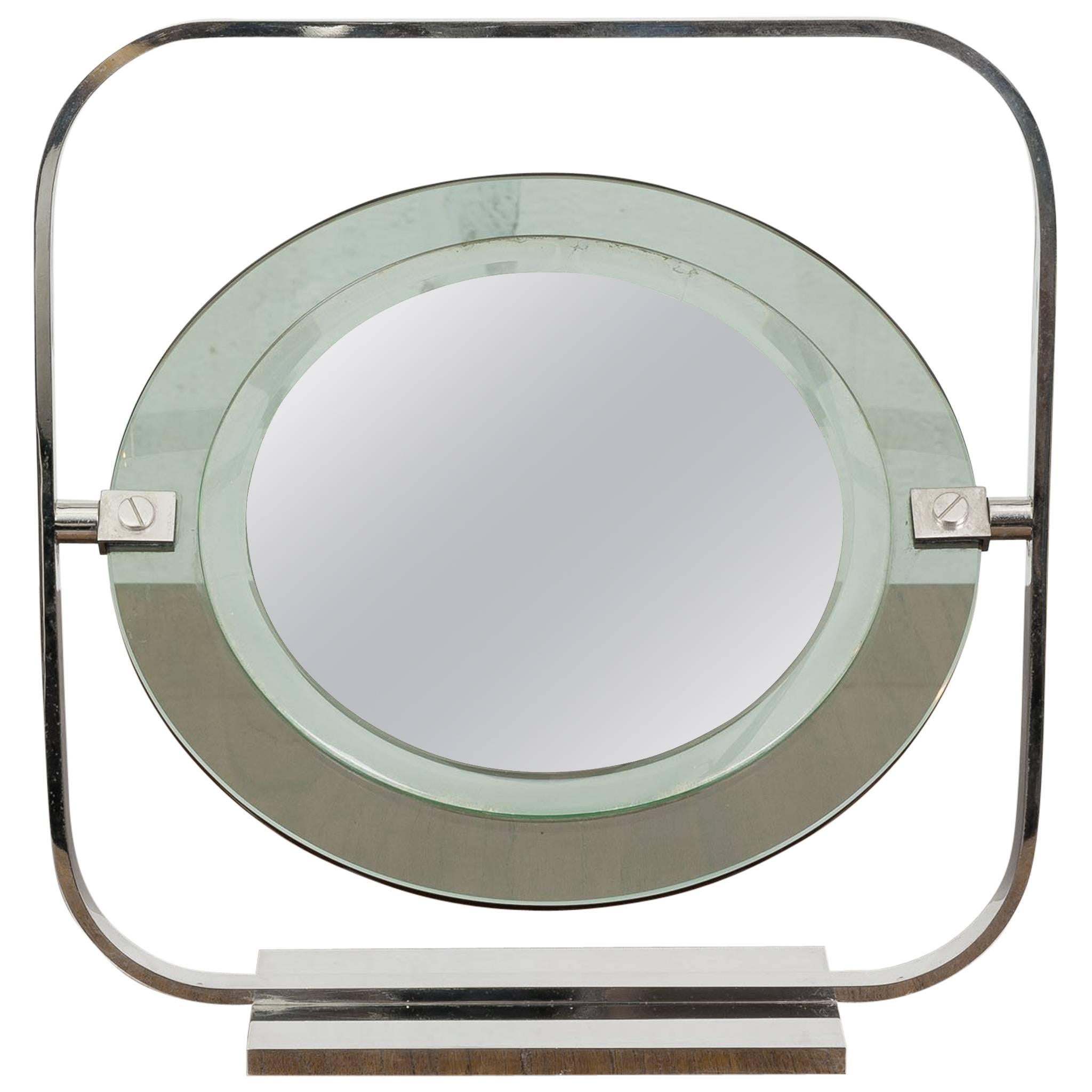 Vintage Chrome and Green Tinted Glass Vanity Mirror Engraved by Christian Dior