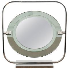 Vintage Chrome and Green Tinted Glass Vanity Mirror Engraved by Christian Dior