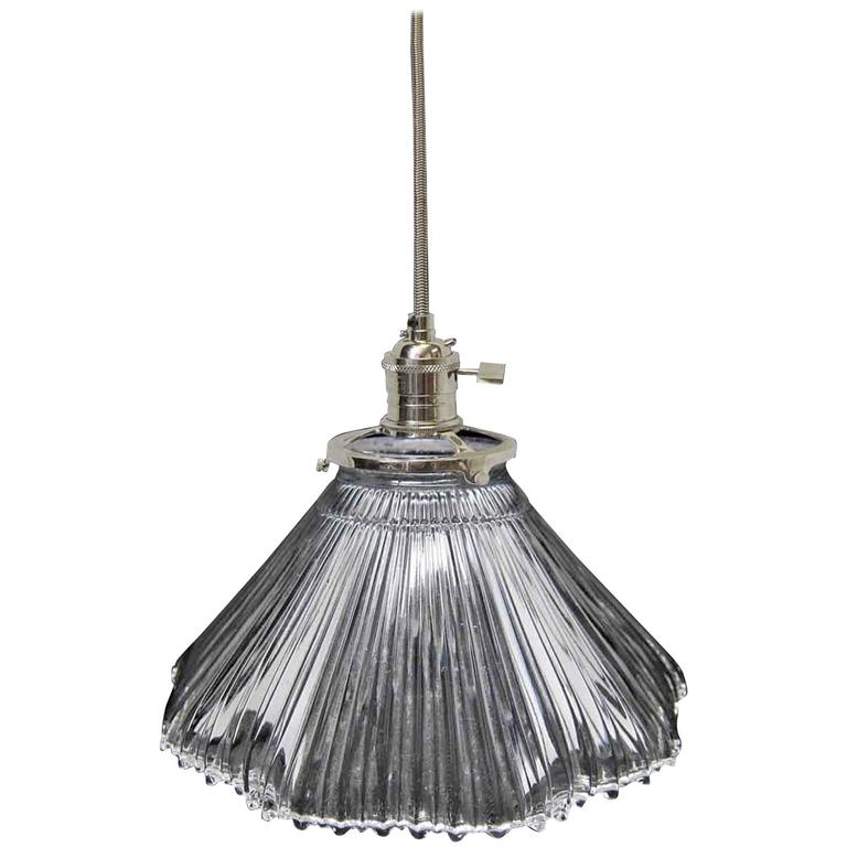 Rippled Glass Pendant Light 1920s holophane ribbed prism glass shade with ripple bottom pendant light for sale