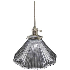 1920s Holophane Ribbed Prism Glass Shade with Ripple Bottom Pendant Light