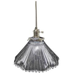 1920s Holophane Ribbed Prism Glass Shade with Ripple Bottom Pendant Light 12