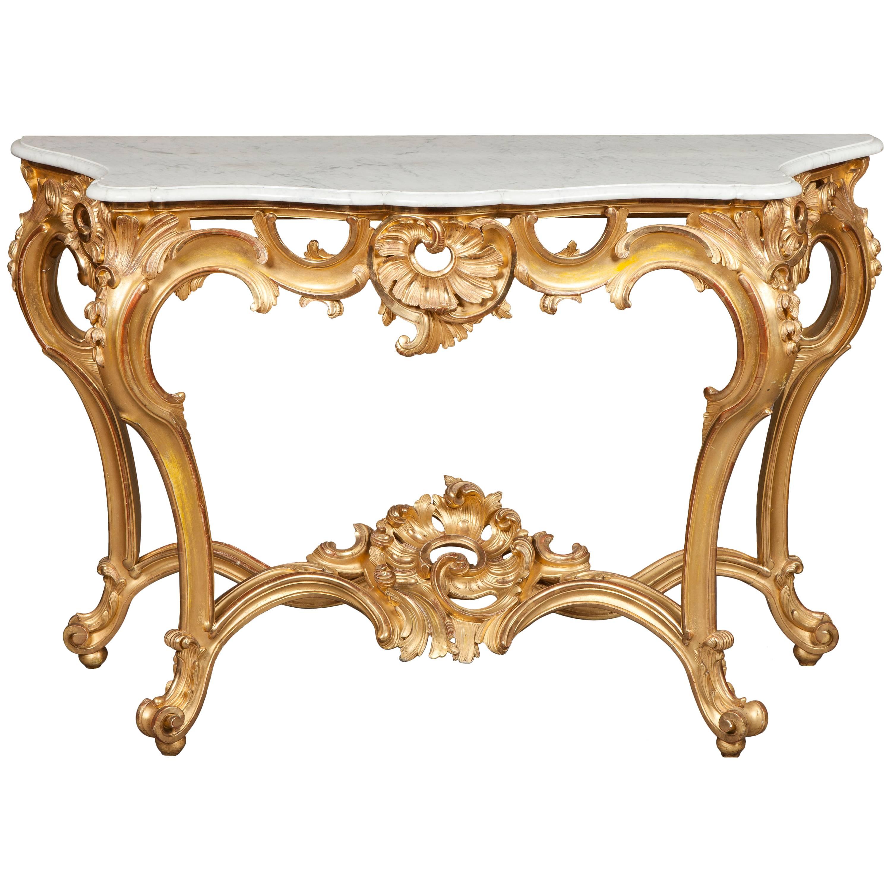 French Giltwood and White Marble Console Table, 19th Century