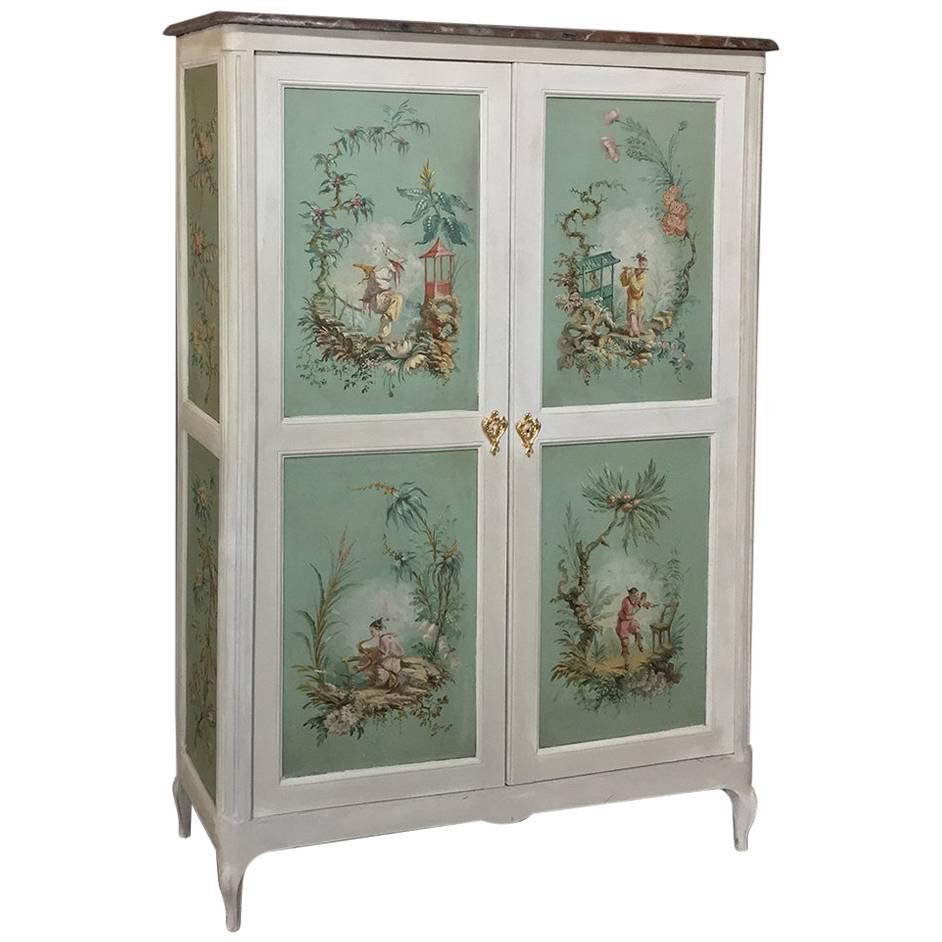 19th Century French Chinoiserie Painted Armoire or Cabinet with Faux Marble Top