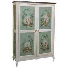 Antique 19th Century French Chinoiserie Painted Armoire or Cabinet with Faux Marble Top