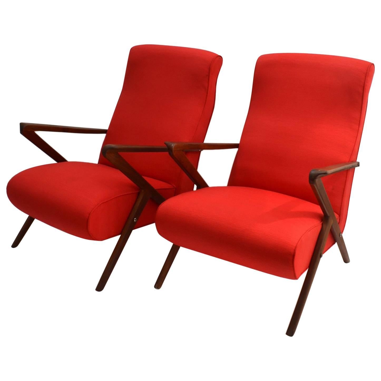 1950s Pair of Red Italian Lounge Chairs, Mahogany Frame with Pronounced Armrests