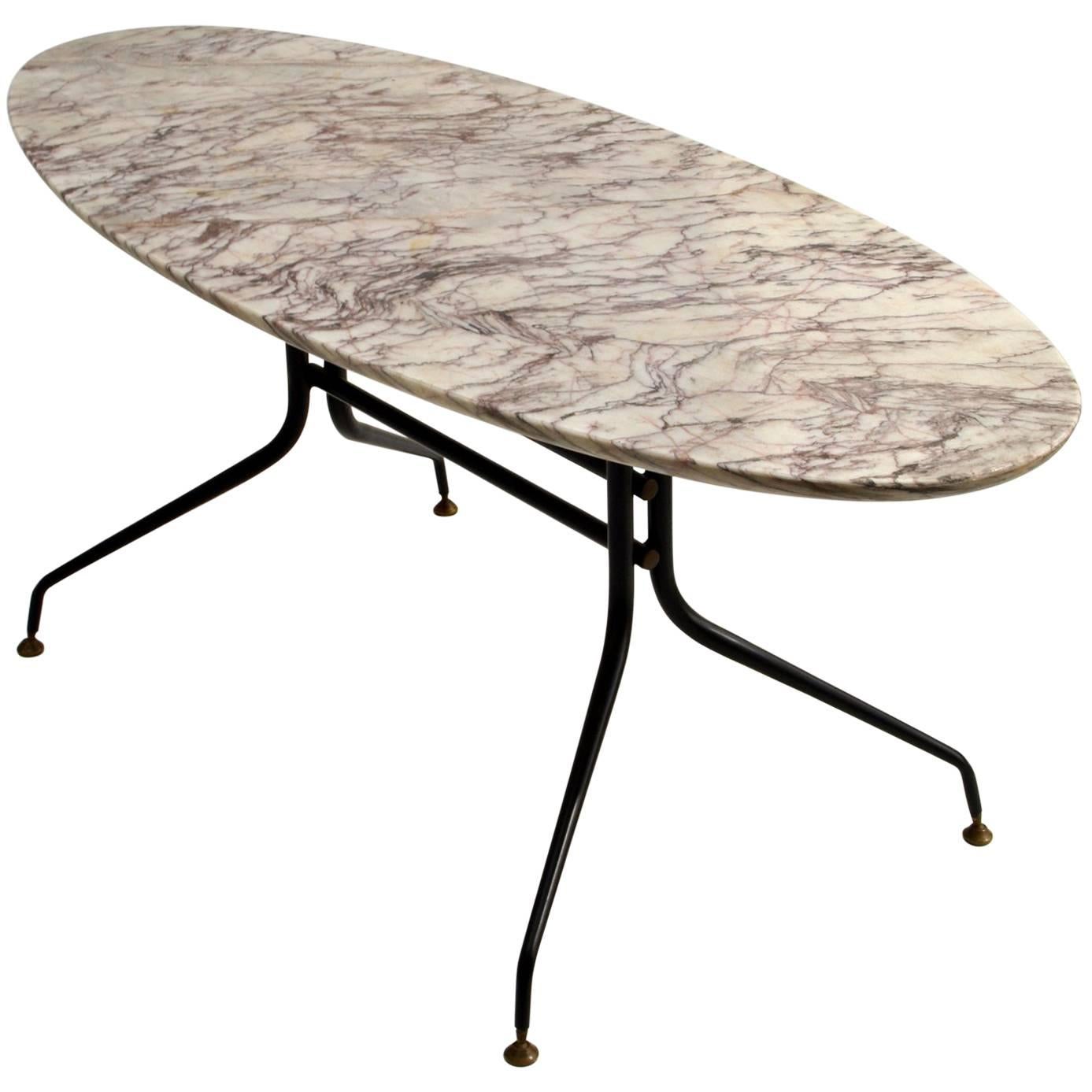 1950s Italian Oval Marble Coffee Table on Black Metal Frame