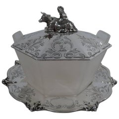 Antique English Sterling Silver and Glass Butter Dish with Cow and Herdess