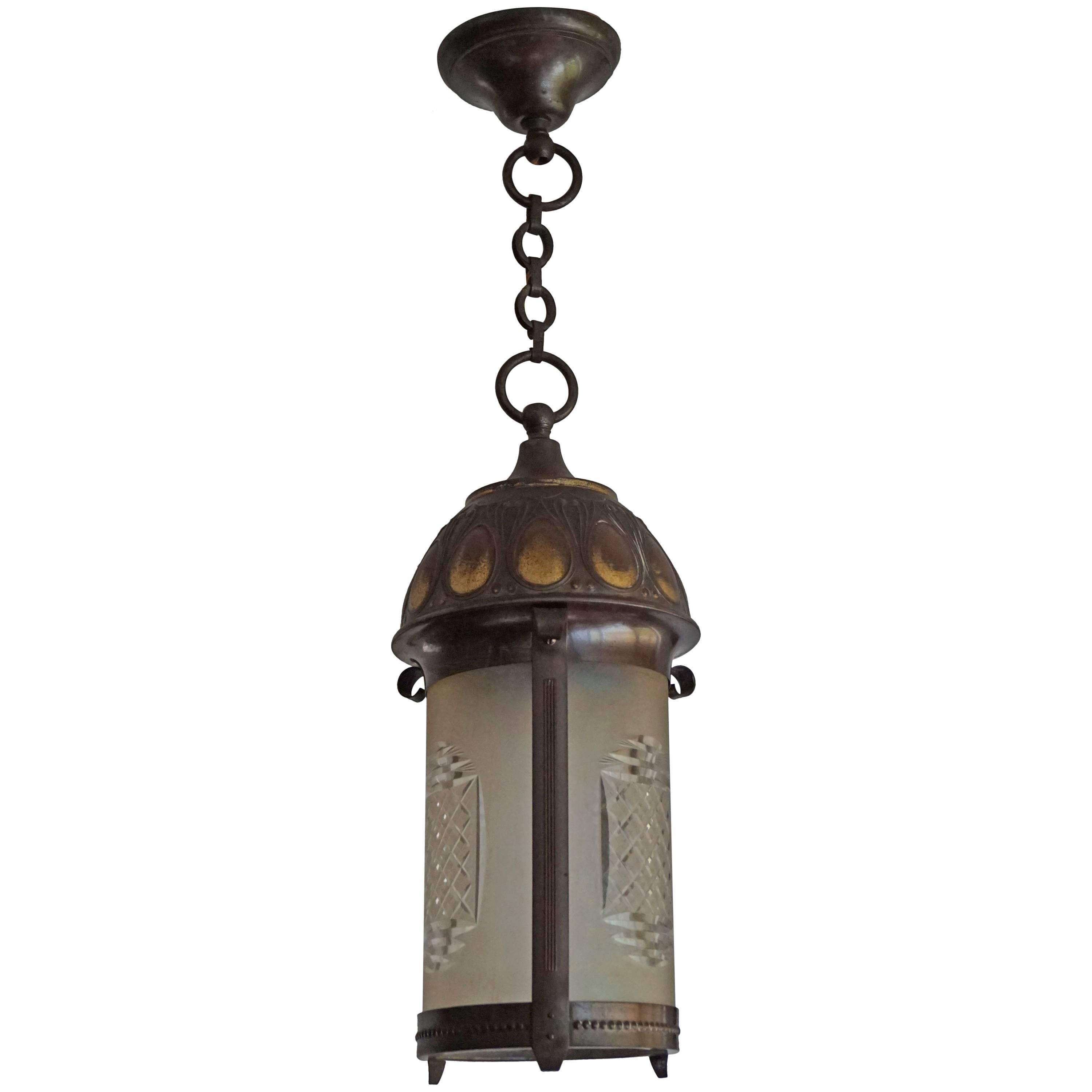 Early 20th Century Art Nouveau Brass and Cut Glass Pendant Lamp or Lantern For Sale