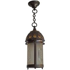 Early 20th Century Art Nouveau Brass and Cut Glass Pendant Lamp or Lantern 8