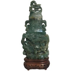 Chinese Carved Jadeite Vase and Cover, Qing Dynasty, Ex. C.T. Loo