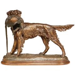 19th Century French Patinated Spelter Hunting Dog with Bird Signed Moigniez