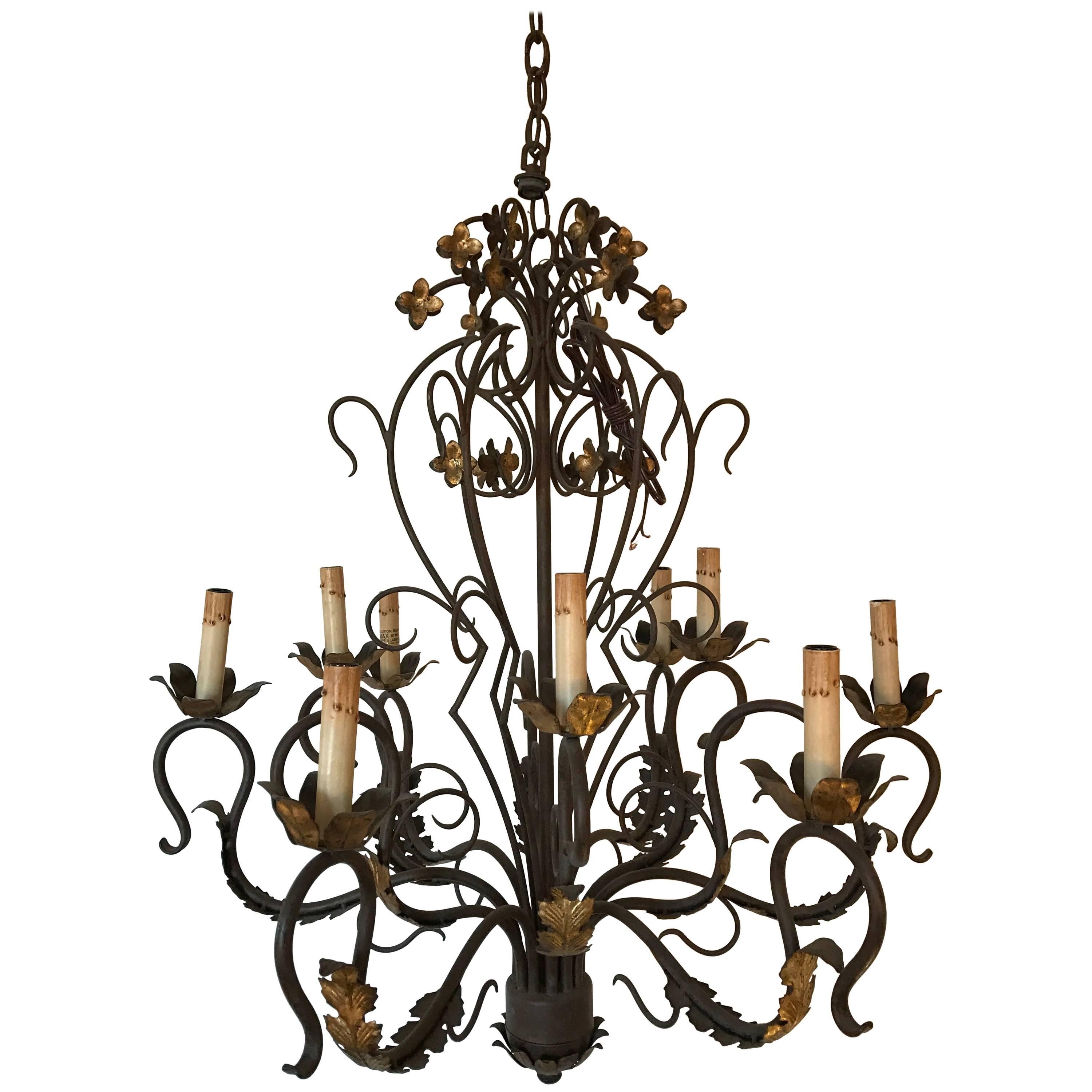 Gilded Wrought Iron Chandelier For Sale