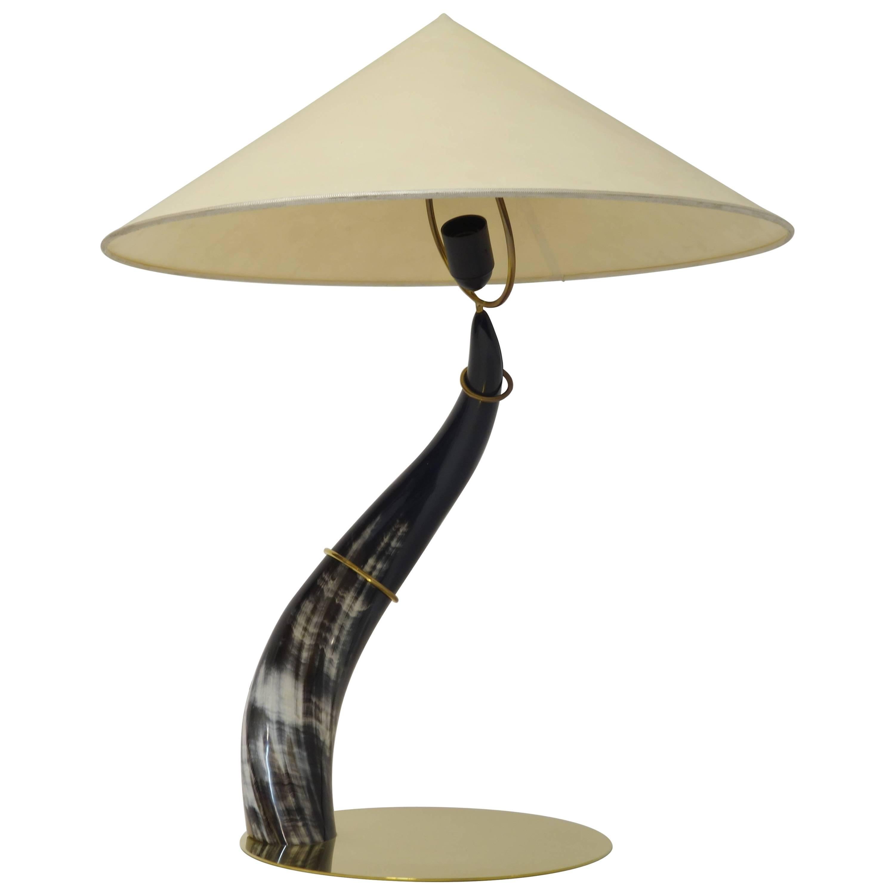 Table Lamp of Cow Horn on Brass Plinth by Auboeck For Sale
