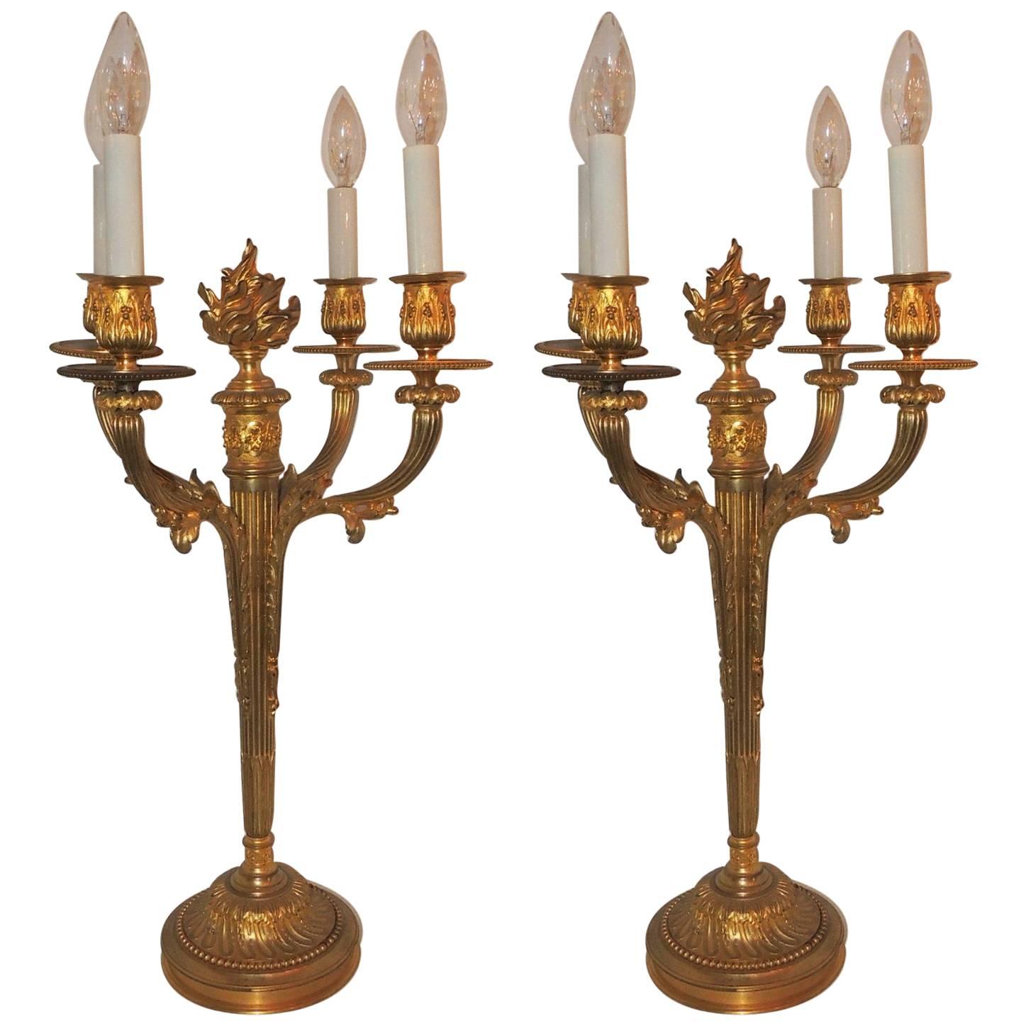 Wonderful Pair French Neoclassical Dore Bronze Regency Four-Arm Candelabra Lamps For Sale