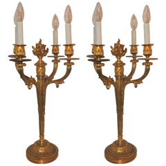 Wonderful Pair French Neoclassical Dore Bronze Regency Four-Arm Candelabra Lamps