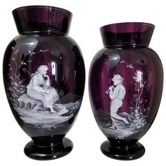 Pair of Large Mary Gregory Style Enameled Amethyst Glass Vases