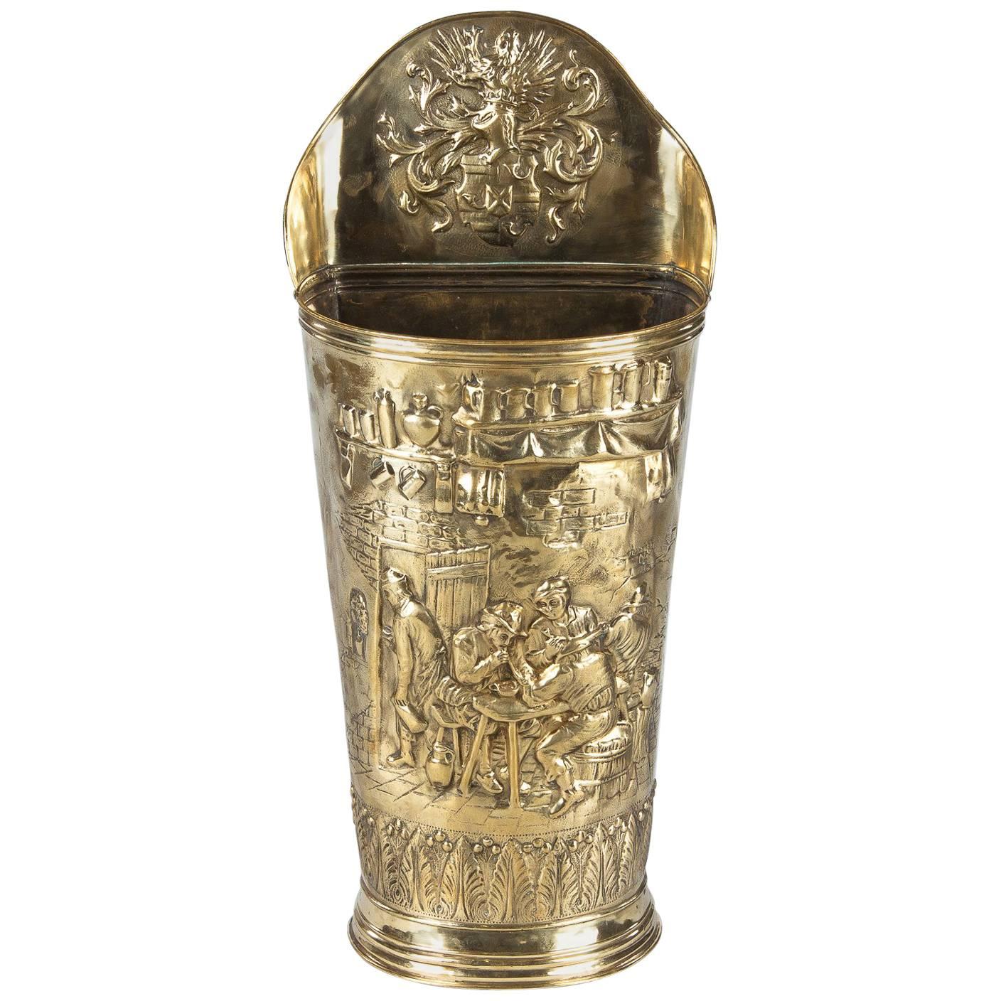 French Sculpted Brass Umbrella Holder, 1900s