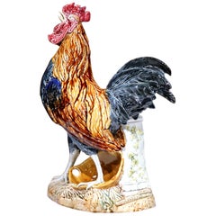 coq en céramique peinte du 19ème siècle avec vase signé Carrier-Belleuse