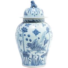 Monumental Chinese Blue and White Koi Ginger Jar