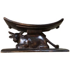 African Ashanti Carved Wood Cow Stool Headrest Ghana Tribal Folk Art Sculpture