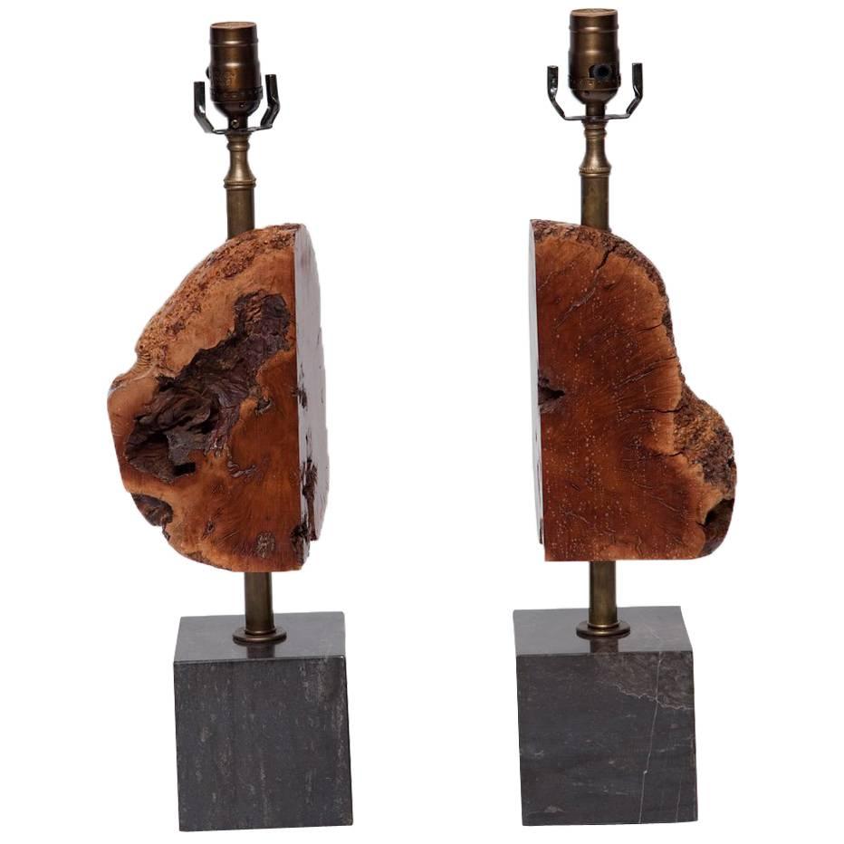 Pair of Burl Wood and Marble Lamps